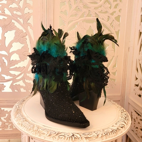 "JHETTA" Custom Order Black Diamante Feather Ankle Boots - Picture 6 of 6